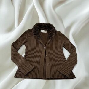 Carly St. Claire brown knit cardigan fur collar y2k mcbling fairy boho western